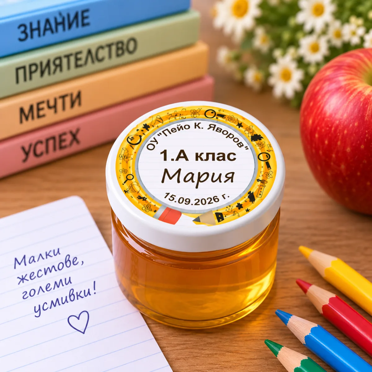 малки бурканчета с мед за първия учебен ден
